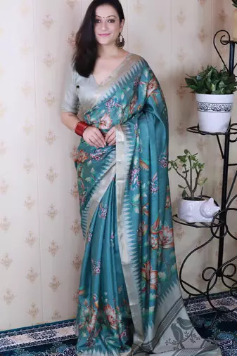 soft tussar silk blend nature printed zari woven saree