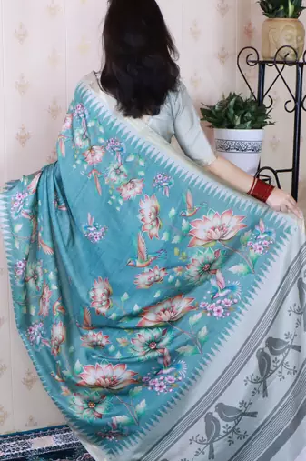 soft tussar silk blend nature printed zari woven saree
