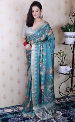 soft tussar silk blend nature printed zari woven saree 3