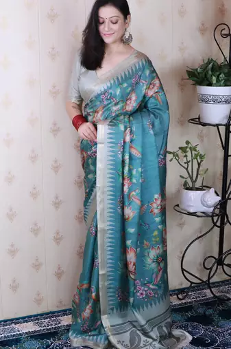 soft tussar silk blend nature printed zari woven saree