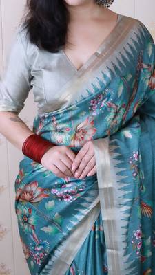 soft tussar silk blend nature printed zari woven saree 4