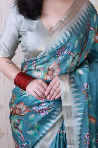 soft tussar silk blend nature printed zari woven saree