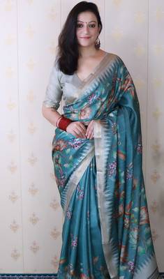 soft tussar silk blend nature printed zari woven saree 5