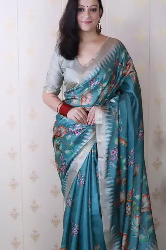 soft tussar silk blend nature printed zari woven saree