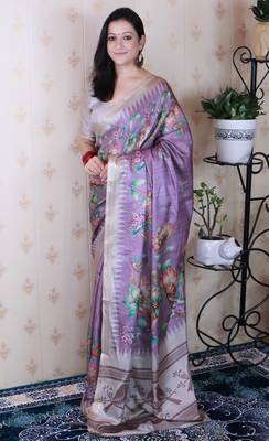 soft tussar silk blend nature printed zari woven saree 1