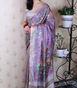 soft tussar silk blend nature printed zari woven saree