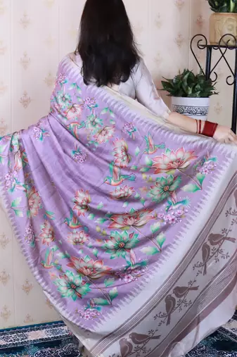 soft tussar silk blend nature printed zari woven saree