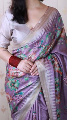 soft tussar silk blend nature printed zari woven saree 3