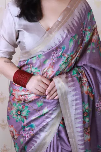 soft tussar silk blend nature printed zari woven saree