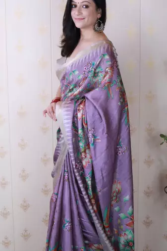 soft tussar silk blend nature printed zari woven saree