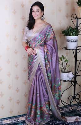 soft tussar silk blend nature printed zari woven saree 5