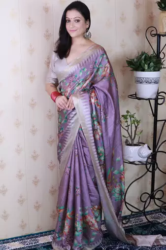 soft tussar silk blend nature printed zari woven saree