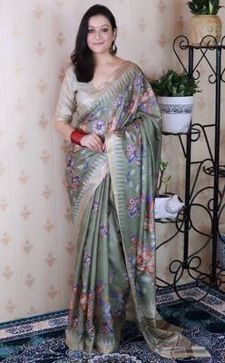 soft tussar silk blend nature printed zari woven saree 1