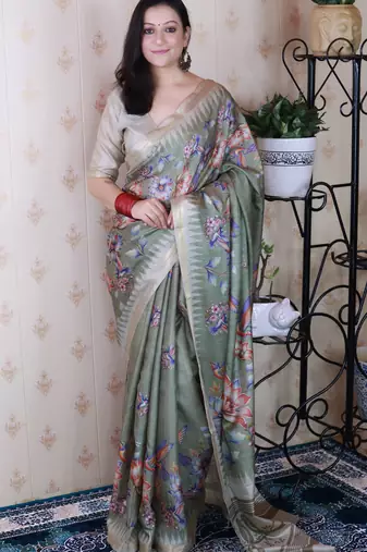 soft tussar silk blend nature printed zari woven saree