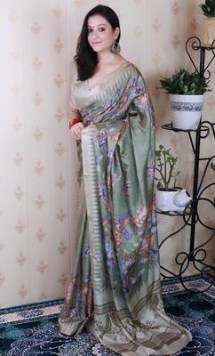 soft tussar silk blend nature printed zari woven saree 3