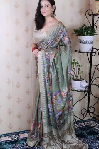 soft tussar silk blend nature printed zari woven saree