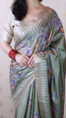 soft tussar silk blend nature printed zari woven saree 4