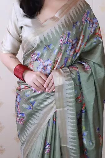 soft tussar silk blend nature printed zari woven saree