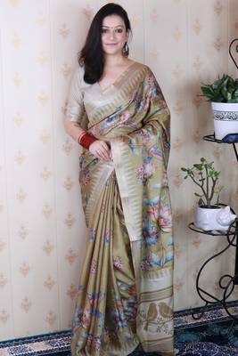 soft tussar silk blend nature printed zari woven saree 1