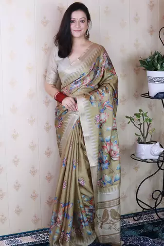 soft tussar silk blend nature printed zari woven saree