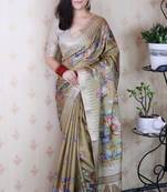 soft tussar silk blend nature printed zari woven saree