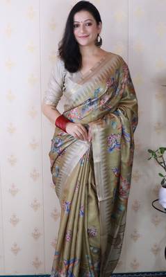 soft tussar silk blend nature printed zari woven saree 2