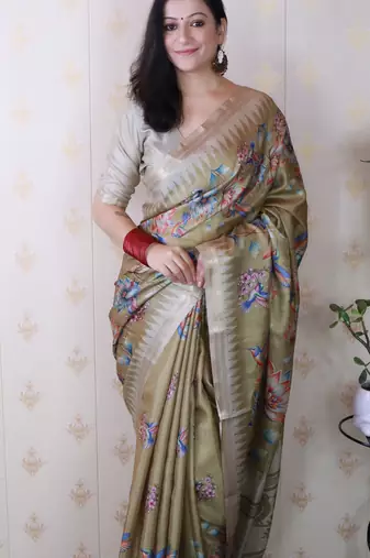 soft tussar silk blend nature printed zari woven saree