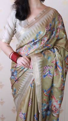 soft tussar silk blend nature printed zari woven saree 3