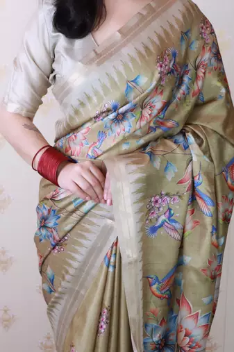 soft tussar silk blend nature printed zari woven saree