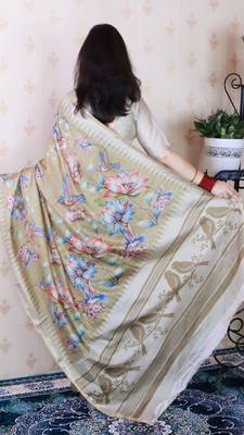 soft tussar silk blend nature printed zari woven saree 4
