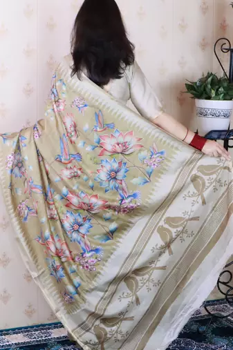 soft tussar silk blend nature printed zari woven saree