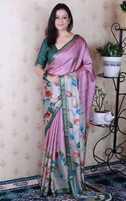 soft tussar silk blend kalamkari unique printed zari woven saree 1