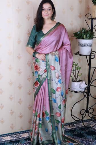soft tussar silk blend kalamkari unique printed zari woven saree