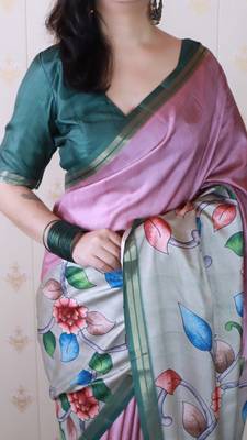 soft tussar silk blend kalamkari unique printed zari woven saree 2