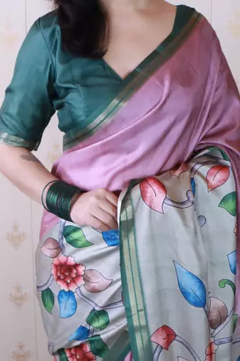 soft tussar silk blend kalamkari unique printed zari woven saree