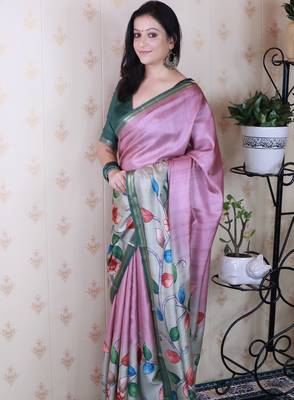 soft tussar silk blend kalamkari unique printed zari woven saree 4