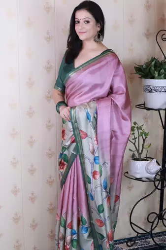 soft tussar silk blend kalamkari unique printed zari woven saree