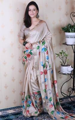 soft tussar silk blend kalamkari unique printed zari woven saree 1