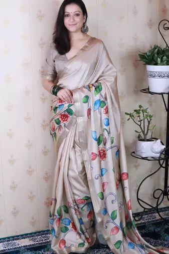 soft tussar silk blend kalamkari unique printed zari woven saree