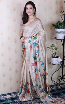soft tussar silk blend kalamkari unique printed zari woven saree 2