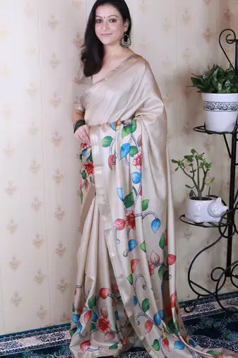 soft tussar silk blend kalamkari unique printed zari woven saree