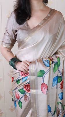 soft tussar silk blend kalamkari unique printed zari woven saree 3