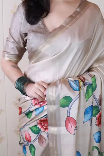 soft tussar silk blend kalamkari unique printed zari woven saree