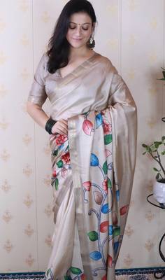 soft tussar silk blend kalamkari unique printed zari woven saree 5