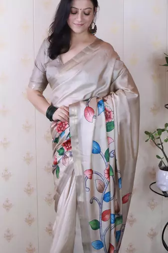 soft tussar silk blend kalamkari unique printed zari woven saree