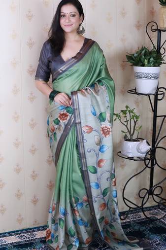 soft tussar silk blend kalamkari unique printed zari woven saree