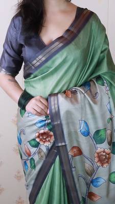 soft tussar silk blend kalamkari unique printed zari woven saree 2