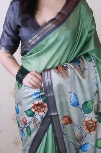 soft tussar silk blend kalamkari unique printed zari woven saree