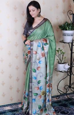 soft tussar silk blend kalamkari unique printed zari woven saree 3