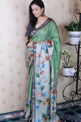 soft tussar silk blend kalamkari unique printed zari woven saree
